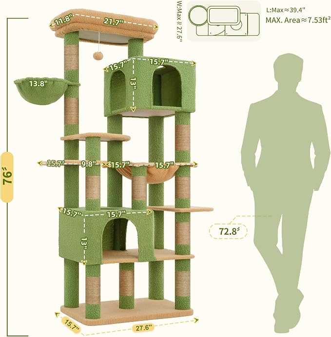 Heybly Cat Tree, 76-Inch Tall Heavy Duty Cat Tower for Big Cats HCT039GY | Multi-Level Large Cat Furniture with Extra Wide Baseboard, 2 Condos & 2 Hammocks, 10 Scratching Posts, Green and Yellow