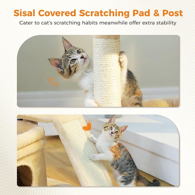 PEQULTI Cat Tree for Small Medium Cats, Beige Cat Tower for Indoor Cats | Beige aesthetic cat furniture with soft perch, private condo, natural sisal scratch post for indoor small medium kittens
