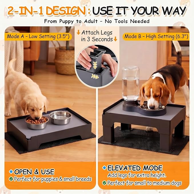 Elevated Dog Bowl Stand and Waterproof Non Slip Mat,1 Set,Gray Pad | Reduce Neck, Joint and Spinal Strain, Sturdy Legs, Easy Clean Silicone Pet Food Mat, For Small & Medium Dogs, Cats