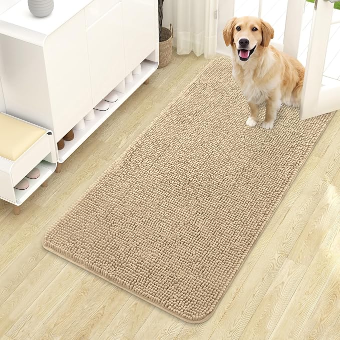 OLANLY Dog Door Mat for Muddy Paws 44x24, Super Absorbent Chenille Mud Mat | Beige, Absorbs Moisture and Dirt, Non-Slip Machine Washable Doormat, Quick-Drying Indoor Entryway Floor Carpet for Dogs