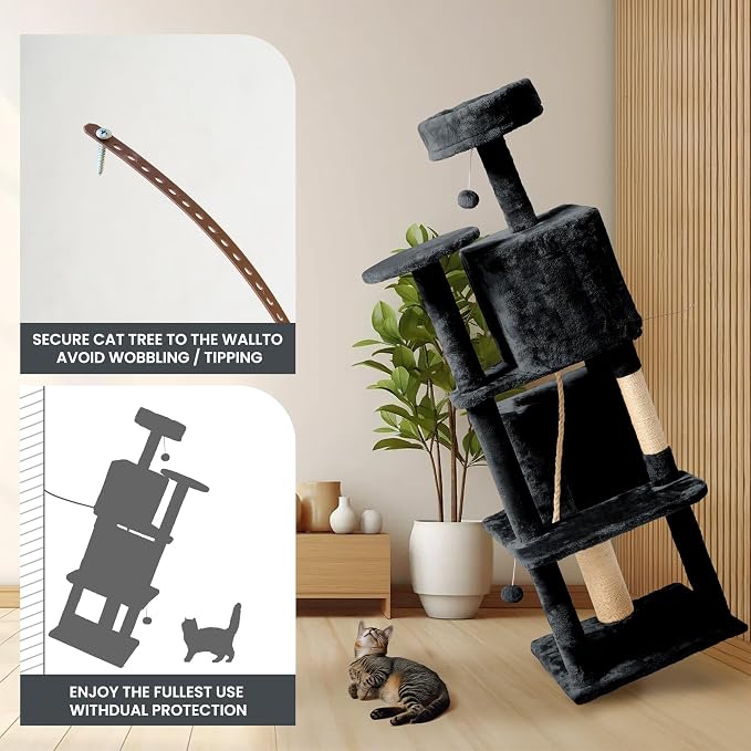 59in Large Cat Tree Tower for Indoor Cats with Soft Plush Hang Ball, Two Condos, Sisal Scratch Posts & Rope Play for Kittens/Adult Cats, Dark Grey