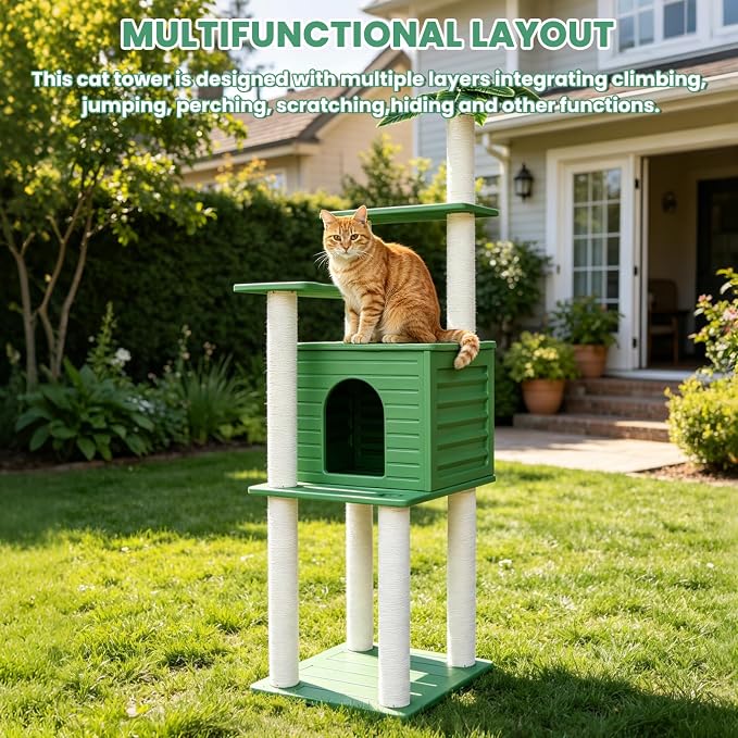Outdoor Tall Weatherproof Cat Tree Tower with PE Board and Cat Scratch Post | 72in Green Multi-Level Cat Tree with Spacious Cat Condo,Waterproof Board,Easy to Assemble&Clean,for Indoor&Outdoor Use CTT-4