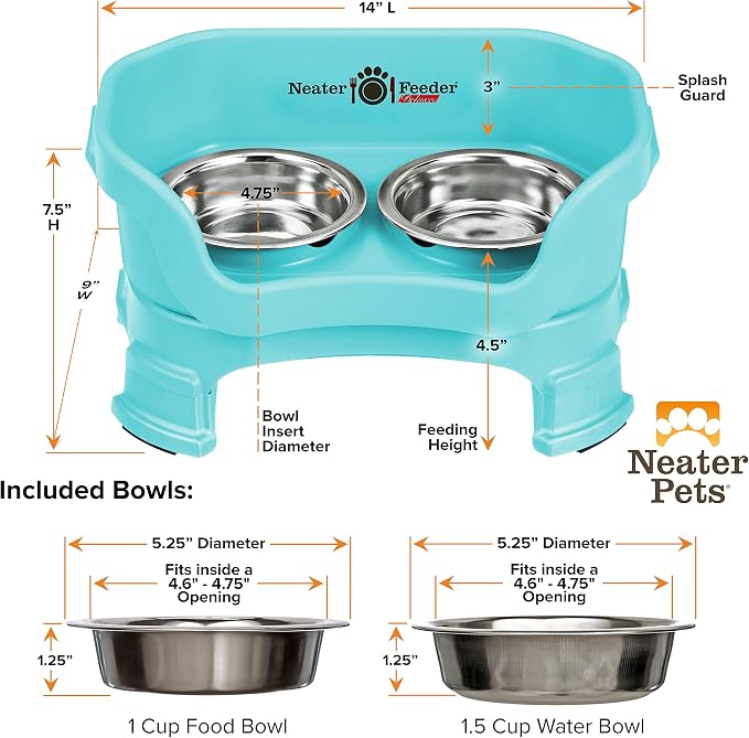 Neater Feeder Deluxe Mess-Proof Elevated Cat Bowls, 2 Height Adjustable (6” & 7.5”) No-Spill Raised Cat Bowl Stand, Whisker Friendly Stainless Steel Dishes for Indoor Cats, Made in USA, Aquamarine