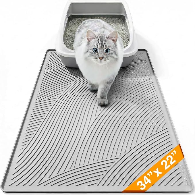Cat Litter Box Mat - L Large Size 34 x 22 in, Water Proof, Kitty Litter Trapping Mat, Easy to Clean, Scatter Control, Odorless, Pet Supplies for Indoor Cats, Light Gray