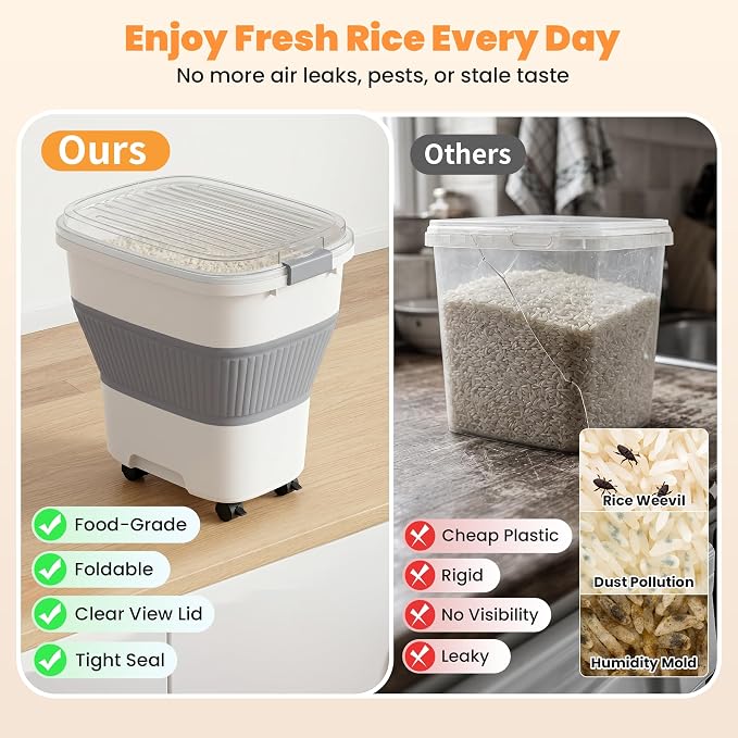 50 Lbs Rice Container, Collapsible Dog Food Storage Container | Airtight Cat Food Container with Wheels, Transparent Lid, Measuring Cup, Scoop, BPA Free for Pet Food, Grain, Bird Seed