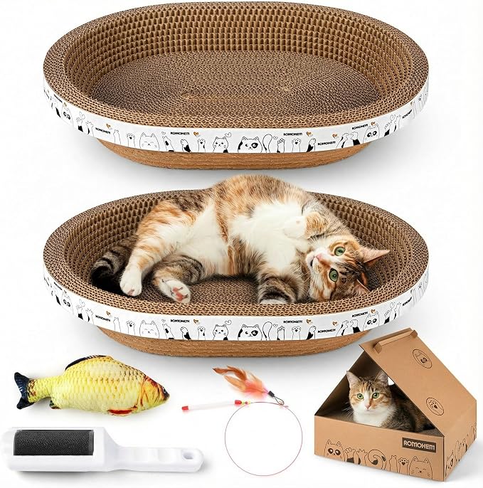 All-in-One Cardboard Cat Scratchers for Indoor Cats, Oval Cat Scratch Box & Lounger Beds Kitten Loves, Durable Cat Scratching Pads + Bonus Toys Couch Cat Scratch Protector