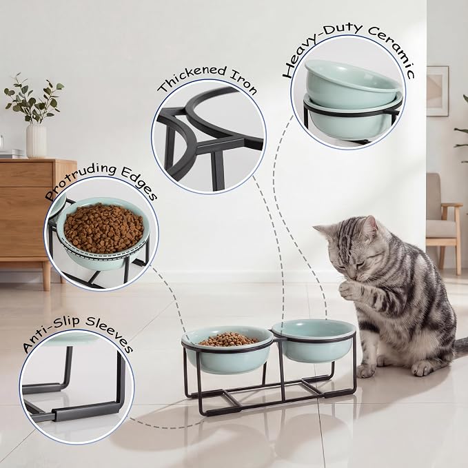 Ceramic Elevated Dog Bowl Set - Double Dog Food and Water Bowls with Metal Stand - Raised Pet Dishes for Puppies and Cats - 2 Cups - 12.5 fl oz - Green