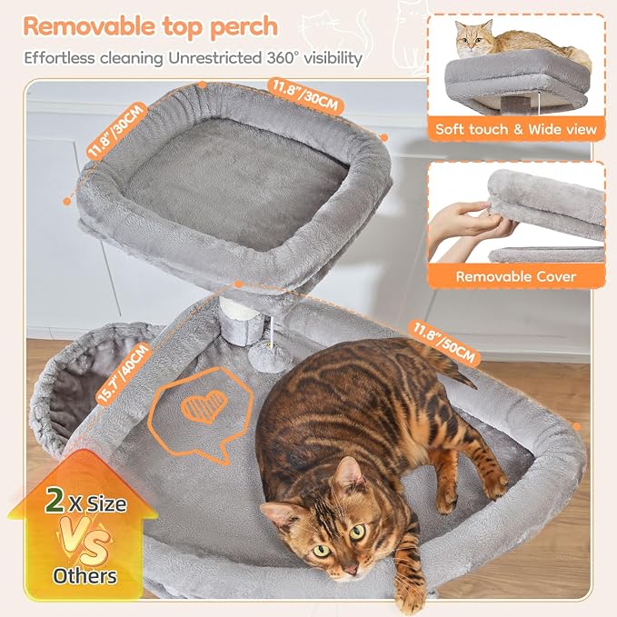 Taoqimiao 71in Cat Tree, Heavy Duty Large Cat Tower for Indoor Cats MS050W | Extra Wide Sturdy Base, Tall Multi-level, 7 Sisal Scratching Posts, 2 Houses, 2-Post Supported Baskets, 2 Perches, Light Gray