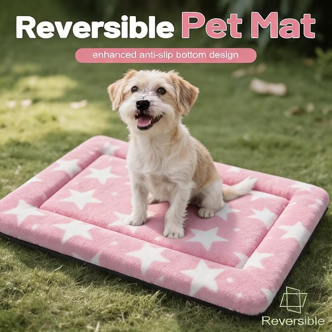 Dog Bed Mat, Reversible Crate Pad & Cute Dog Bed - Machine Washable Kennel Mat with Ultra Soft for Small Dogs (Big&Small Stars Pink, 24" L*18" W*1.5" Th)