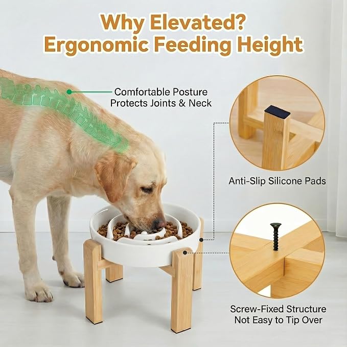 Elevated Slow Feeder Dog Bowl Large Breed, 8.8 Inch Ceramic Slow Eating Bowl with Screw-Assembled Bamboo Stand, Anti-Choking Raised Maze Design for Medium to Large Dogs, 3.2 Cup, White
