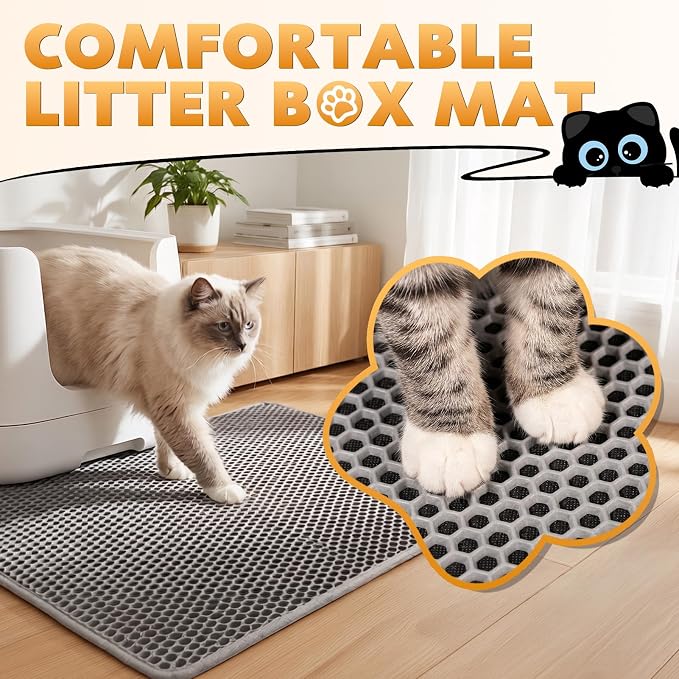Cat Litter Mat 30"x24", Double Layer Waterproof Litterbox Mat, Gray | Non-slip backing, washable for easy cleanup, traps stray litter with waterproof honeycomb large grid that is urine-proof.