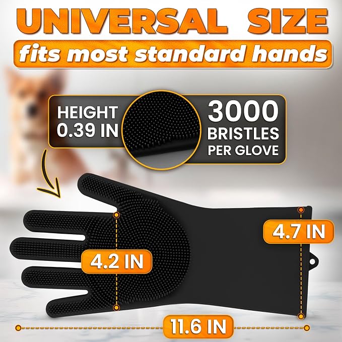 Cat and Dog Washing Gloves, 1 Pair, 11.6 in, Soft Silicone (Black) | Dog Shampoo Gloves, Pet Bath & Grooming Mitt, 3000 Soft Bristles, Removes Loose Hair, Saves Shampoo, Massage, Wet or Dry