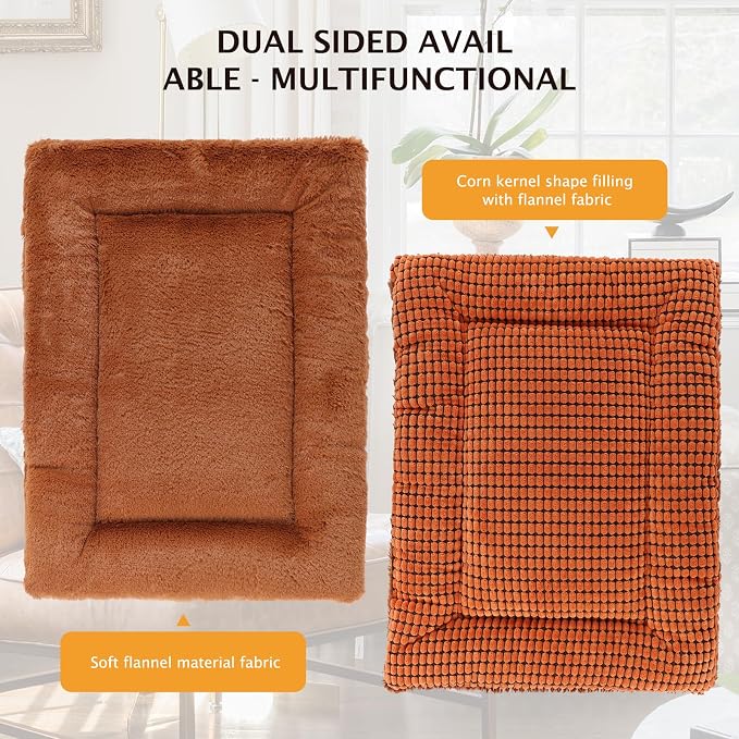 Reversible Dog Bed Mat with Plush and Corn Velvet,Soft Warm Pet Cushion, Dual Purpose Washable Sleeping Mattress Bed for Small Medium Large Dog and Cat XB004 (42"x28", Orange)