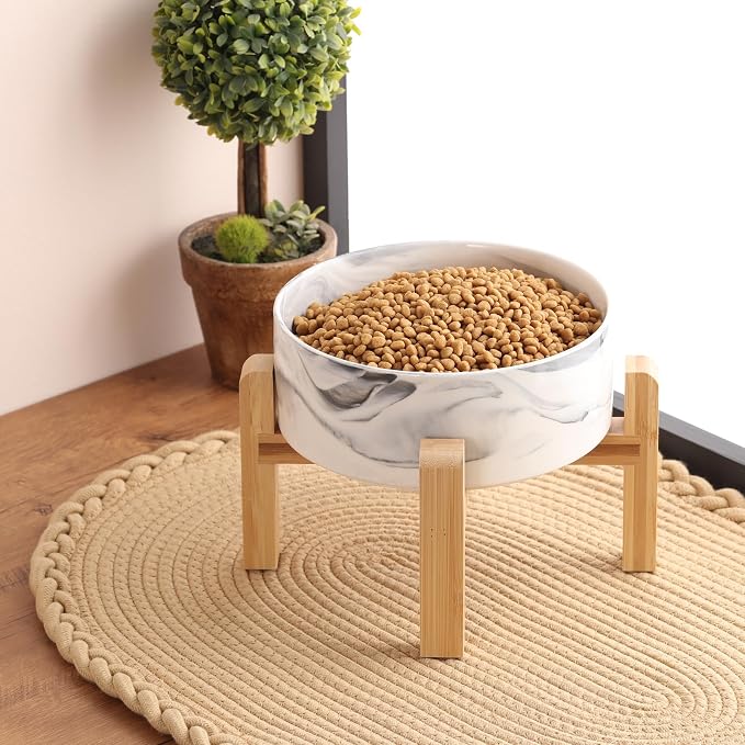 Elevated/Raised Dog Bowl Ceramic with Wood Stand for Small Medium Breed,Dog Food Water Dish Heavy, 6 in Non Slip Modern Cute Porcelain Pet Bowl Marble Grey