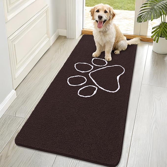 OLANLY Dog Door Mat for Muddy Paws 70x32, Paw Print Design Chenille Mud Mat | Brown, Absorbent, Traps Moisture and Dirt, Non-Slip Washable Doormat, Quick-Drying Indoor Entryway Floor Carpet for Dogs