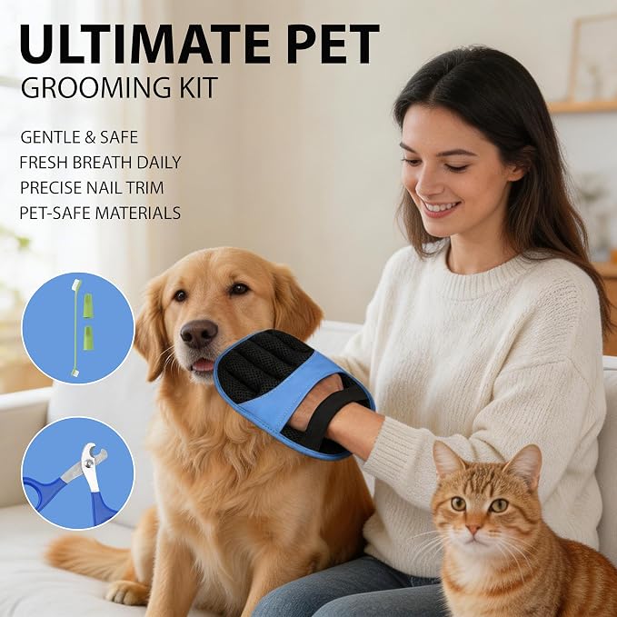 Double Pet Grooming Glove Set - 2 Pack Pet Hair Removal Glove with Free Nail Clippers & Pet Dental Kit for Dogs and Cats