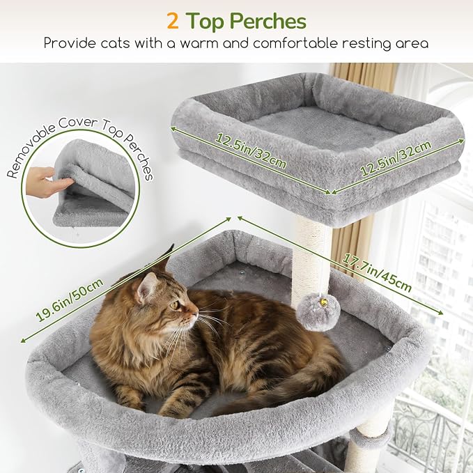Globlazer F83C Pro Max Heavy Duty Maine Coon Cat Tree, 83in Tall Tower | Easy Assembly, Large Cats, 2 Condos, 3 Hanging Baskets, 2 Perches, 7 Sisal Scratching Posts, Anti-Topple Strap, Light Grey