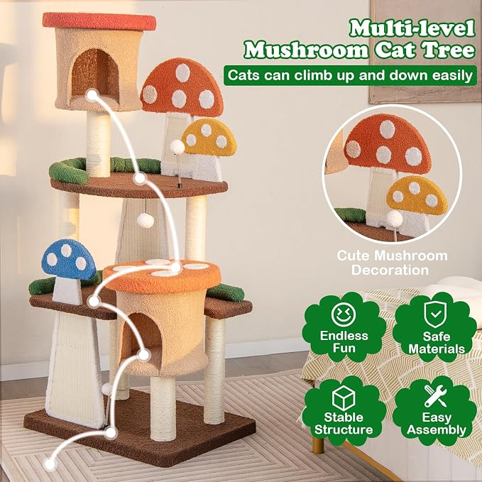 PETSITE Mushroom Cat Tree, 57.5 Inches Tall Multi-Level Cat Tower with Natural Sisal Scratching Posts & Boards, Cat Condo and Teasing Spring Ball, Cute Cat Tree Tower for Indoor Cats Large Adult