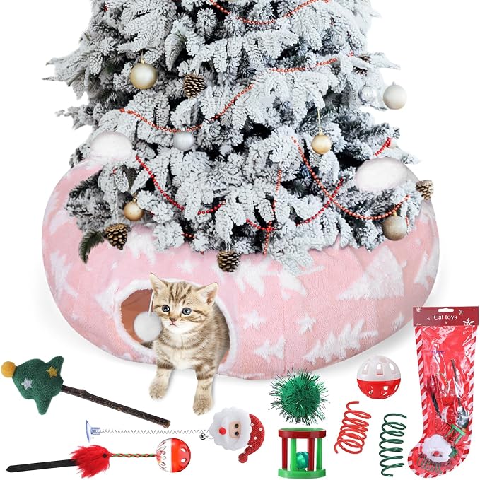 Dansydaisy Cat Tunnel Christmas Tree Skirt, Pink Christmas Tree Cat Tunnel Bed with Star and Toys, Hanging Pom Ball Plush Washable Cushion Peekaboo Playground for Small Medium Rabbit Xmas Decor