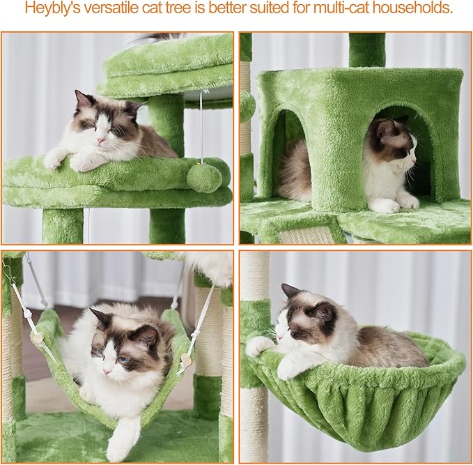 Heybly Cat Tree, 71-Inch-Tall Tower for Indoor Cats with 2 Perches HCT034GR | Large Cat Furniture with 2 Big Condos, 2 Hammocks, Basket, Scratching Pad, Multi-Level Cat Condo, Green