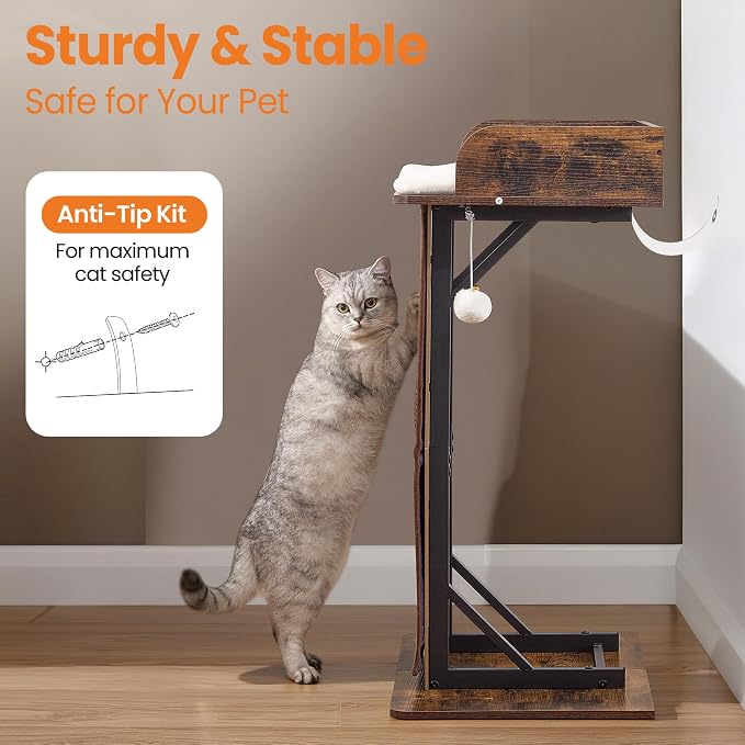 Modern Wood Cat Tree Tower for Indoor Large Adult Cats with Big Perch Bed | 33.8in Tall Wooden Cat Trees with Platform, Cat Scratching Pads, Washable Cushions, Cat Furniture for Window, Rustic Brown