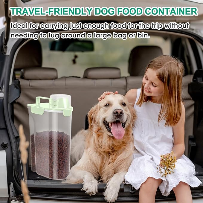 TBMax Travel Dog Food Storage Container 5 lbs with Dog Bowl, Airtight Pet Cat Food Storage Dispenser with Large Spout & Measuring Cup for Kibble Dog Treat Bird Seed Container -Green