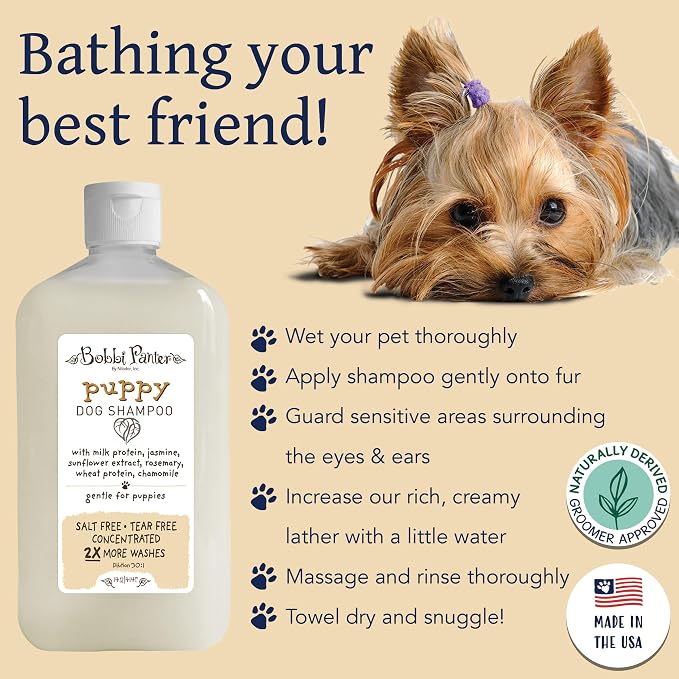 Bobbi Panter Puppy Dog Shampoo Milk Protein, Jasmine, Sunflower & Chamomile – Gentle Nourishing Formula for Puppies & Sensitive Skin, Tear-Free, 30:1 Concentrate, Made in USA, 14 oz