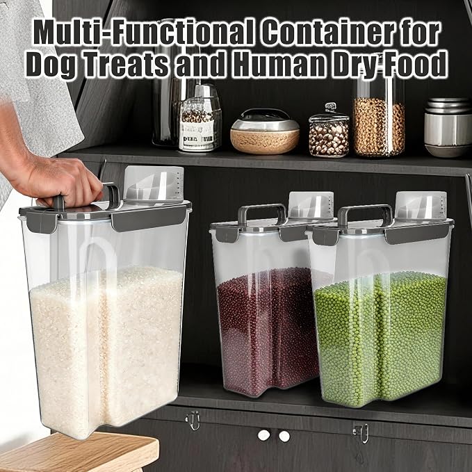 TIOVERY Dog Food Storage Container, 10 Lbs Airtight Pet Food Containers, Cat Food Container Dispenser Bin with Pouring Spout, Portable Handle & Measuring Cup for Dog Treats, Cat Kibble, Bird Feed Grey