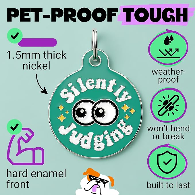Bad Tags Personalized Dog and Cat ID Tags in 25+ Designs and 2 Sizes - 5 Lines of Custom Engraved Text - Funny Cute Personalized Pet Tags (Silently Judging - Green, Large (1.25 inch))