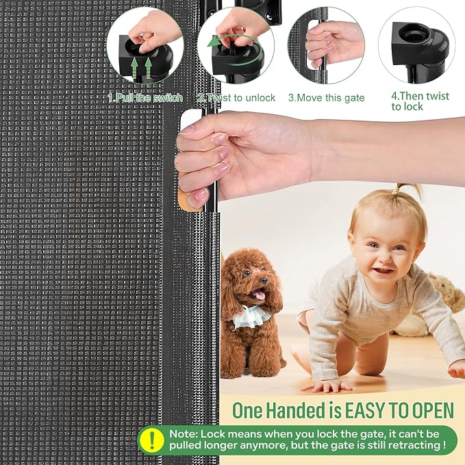 Retractable Baby Gate for Stairs & Doorways, 33" Tall Extends to 55" Wide | Extra Wide Safety Kid Pet Gate, Mesh Dog Gate for Indoor,Outdoor, Hallways One-Handed Operation, Easy Install(33”x55”- Black)