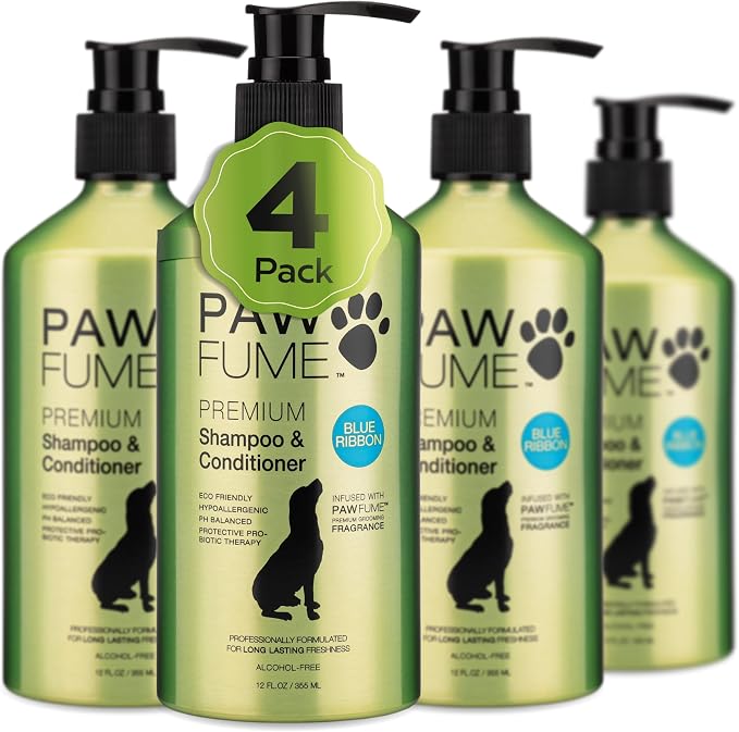 PAWFUME Dog Shampoo and Conditioner, Blue Ribbon, 4-Pack | Probiotic pH-balanced formula nourishes, detangles and deep cleans for silky coat, Puppy Shampoo and Conditioner