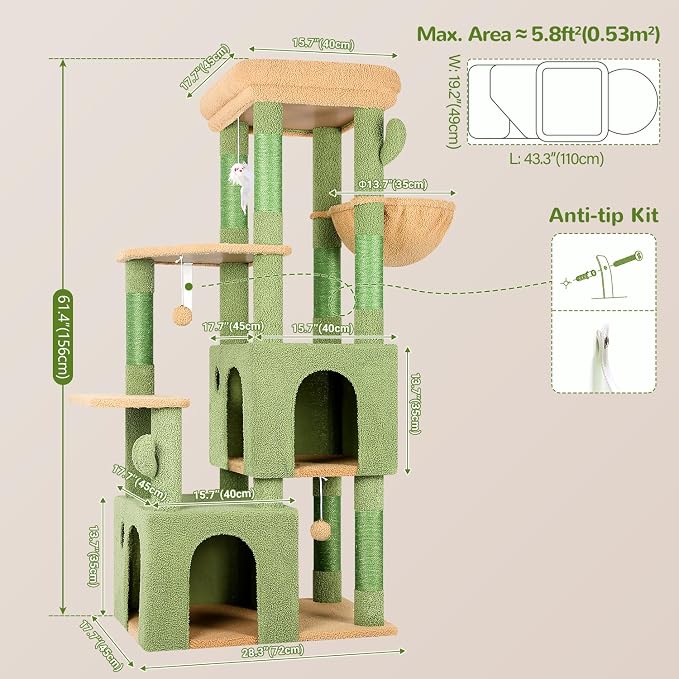 Globlazer Heavy Duty Cactus Cat Trees for Big Cats Maine Coon, F61, Green | Cat Tower for Indoor Large Adult Cats with Scratching Post, Extra Large Top Perch, Cat Condos, 61inch