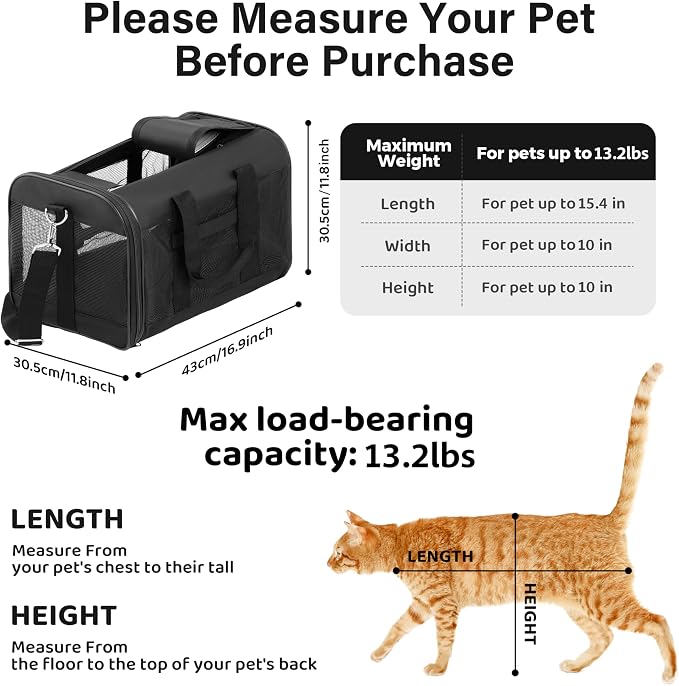 FluffyDream Pet Travel Carrier Soft Sided Portable Bag for Cats, Small Dogs, Kittens or Puppies 17 lbs Max, Collapsible, Durable, Airline Approved, Travel Friendly (Medium)