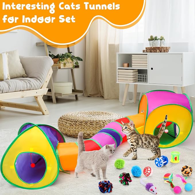 21 Pcs Cat Tunnels for Indoor Set, 3 In1 Collapsible Cat Tunnel Toy with Cube Tent Toys Combo and 20 Pcs Interactive Kitty Toys Feather Toy Fluffy Mouse Crinkle Balls for Kitten Puppy