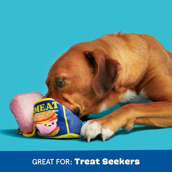BarkBox Canned Smeat Dog Toy | 2-in-1 Plush Set with 2 Squeakers & Crinkle | Multi-Part Squeak Toy for Extra Small to Small Dogs