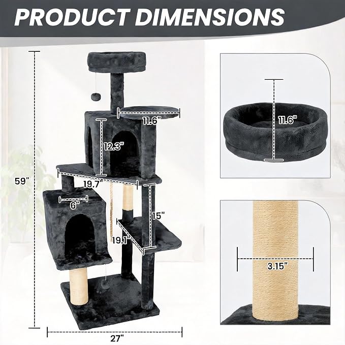 59in Large Cat Tree Tower for Indoor Cats with Soft Plush Hang Ball, Two Condos, Sisal Scratch Posts & Rope Play for Kittens/Adult Cats, Dark Grey