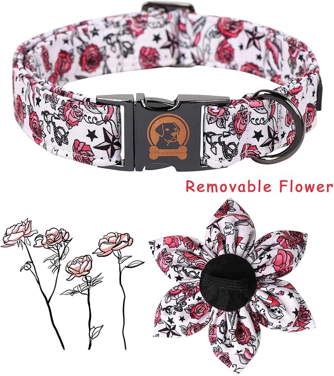 ·MR. CHUBBYFACE· Valentine's Dog Collar with Flower, Cute Pink Rose Cotton Dog Collar, Adjustable Valentine's Boy Girl Dog Collars with Metal Buckle for Small Medium Large Dogs