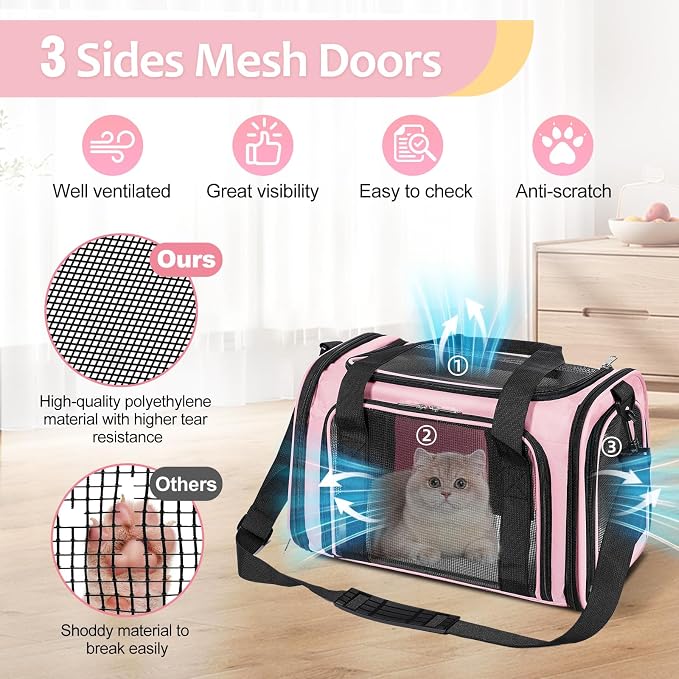 Discala Cat Dog Carrier Up to 15 Lbs TSA Airline Approved Pet Carrier for Small Medium Cats Puppies Dog Carriers for Small Dogs Collapsible Soft Sided Cat Travel Carrier - Pink 15.7"x10.2"x10.2"