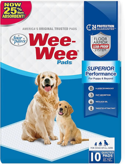 Four Paws Wee-Wee Superior Performance Unscented Puppy Pee Pads for Dogs & Puppies, Quilted Leak-Proof Dog Housebreaking Potty Training Floor Protection, Pet Supplies, 22" x 23", 10 Count