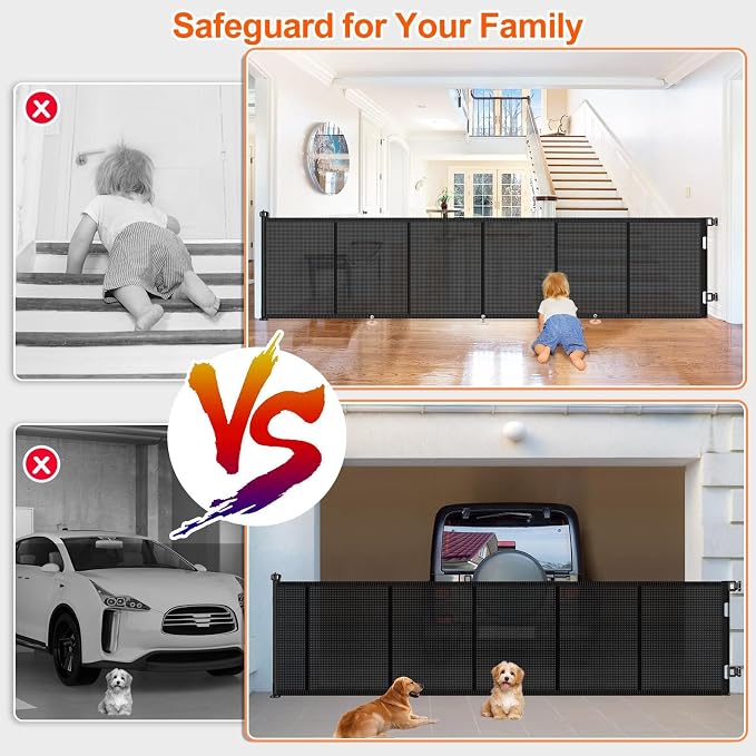 Upgrade 150 inch Retractable Baby Gates, EZIGO Extra Wide Baby Gate for Large Opening Extra Long Mesh Gate for Kids or Pet Dog Gate Child Safety Gate for Stairs Hallways Doorway Indoor Outdoor, Black