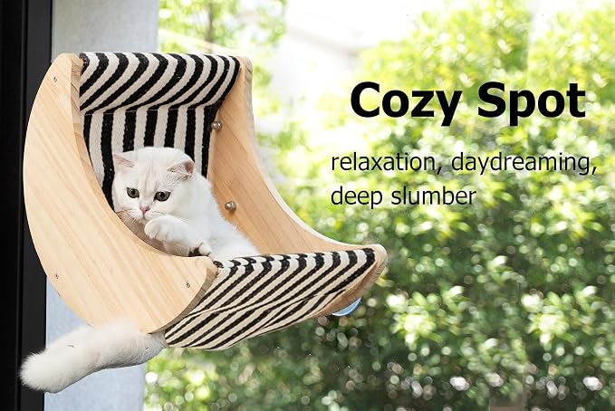 Cat Window Perch, Plywood Moon Bed with 4 Heavy-Duty Suction Cups | Window-Mounted, Drill-Free, Up to 40 lb Support, For Small to Medium Cats, Spacious Lounging Area, Machine-Washable Pad