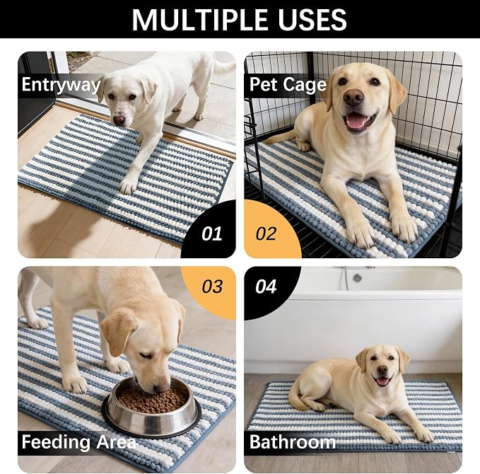 Dog Door Mat for Muddy Paws - Absorbent Quick-Dry Non-Slip Washable Chenille Pet Rug, Indoor Entryway Mat for Front Door & Crate (Blue, 36" L*24" W)