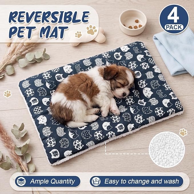 4 Pack Reversible Dog Bed Mat Washable Dog Crate Pad with Linen Cooling Side & Soft Sherpa Fleece Side, All Season Pet Kennel Mat for Small Dogs Crate Kennel Home Use 23 x 17 inch