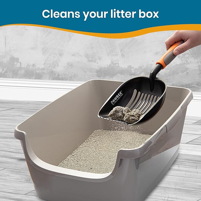 PAWBEE Premium Non-Stick Metal Cat Litter Scooper with Holder, Deep Shovel Poop Scoop, Long Non-Slip Handle