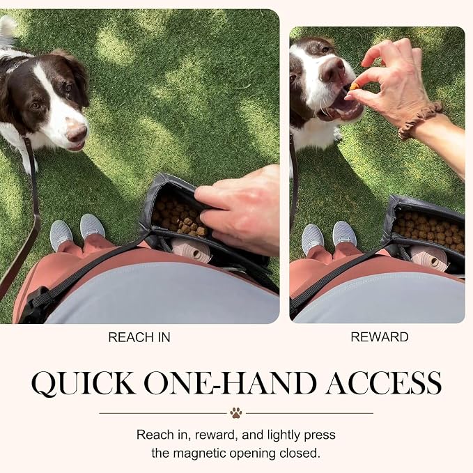 Dog Treat Pouch for Walks & Training, Stylish & Compact Treat Bag | Quick One-Hand Access, 1–1.5 Cup Capacity, Easy-Clean TPU Lining, Magnetic Closure, Rear Pocket for Keys & Essentials