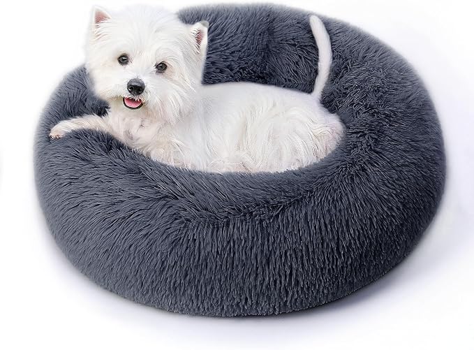 Calming Round Dog Bed & Cat Bed for Indoor Cats, Medium Size Washable Anti-Slip Anti-Anxiety Donut Dog Beds for Small Dogs & Cats, Fluffy Plush Soft Dog Bed(20 Inch, Blue Grey)