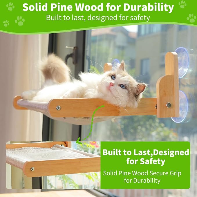 Cat Window Perch, Foldable Cat Hammock with Breathable Mesh Cover | Solid pine frame, four suction cups and removable washable mesh cover; no-drill setup, 20.47 x 14.96 in resting area.