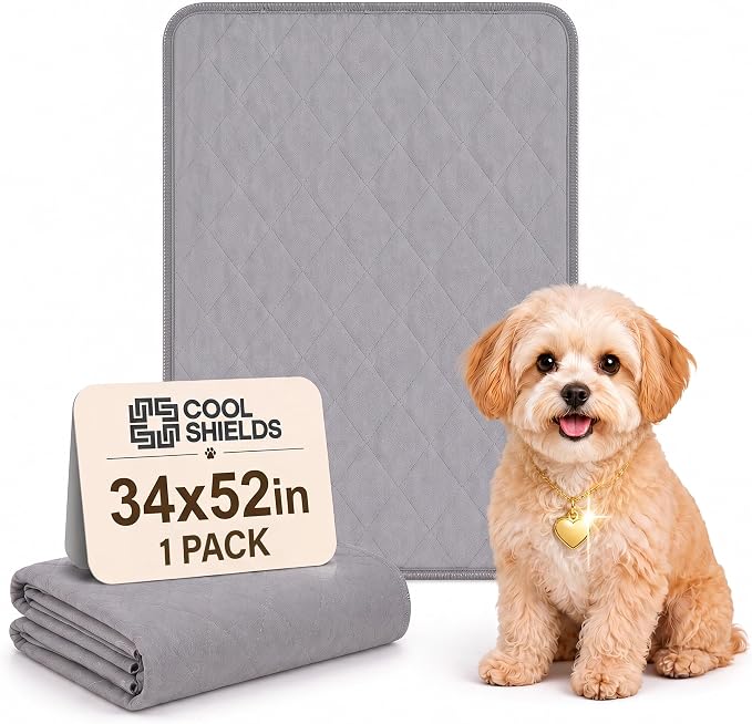 CoolShields Washable Pee Pads for Dogs, 34'' x 52'', Grey, 1 Pack | Ultra-Absorbent Reusable Waterproof Puppy Pad for Crates, Playpens, Carpets, and Floors—Ideal for Dogs, Cats, and Small Pets