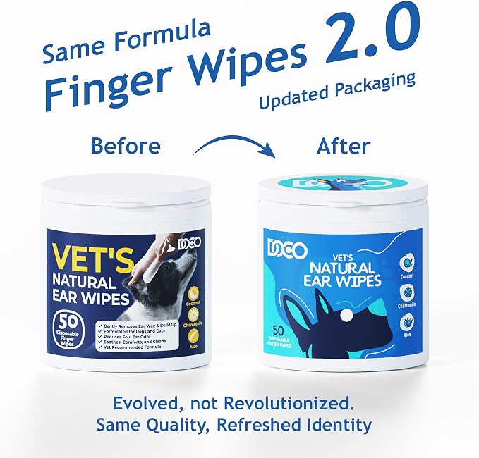 DOCO Dog Ear Cleaning Wipes (50 Count) | Finger Ear Wipes for Dogs & Cats with Eucalyptus, Chamomile & Aloe | Gently Clean, Itchy Ears, Soothes & Deodorizes