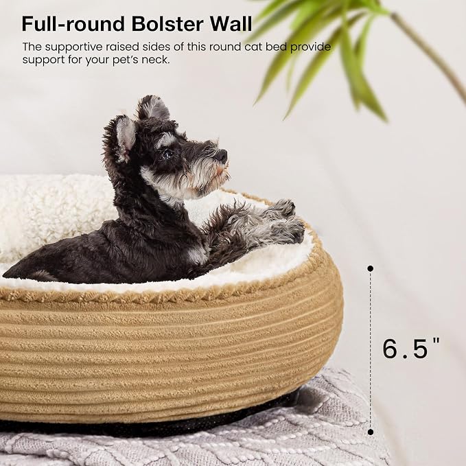 Love's cabin Round Donut Cat and Dog Cushion Bed, 24in Pet Bed for Small or Medium Dogs, Anti-Slip & Water-Resistant Bottom, Soft Durable Fabric Pet Beds, Washable Calming Cat Bed Beige